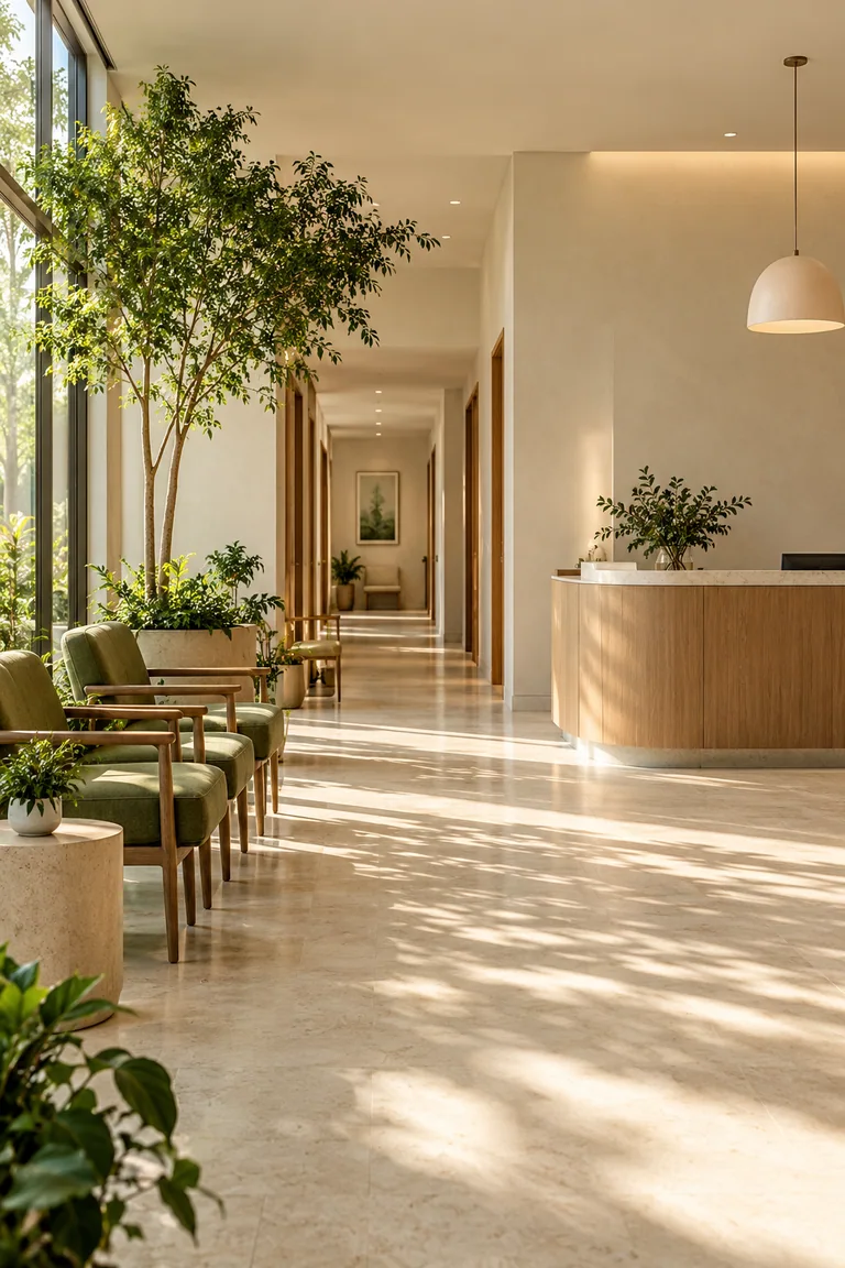 Illustrative welcoming clinic reception with natural light and green seating