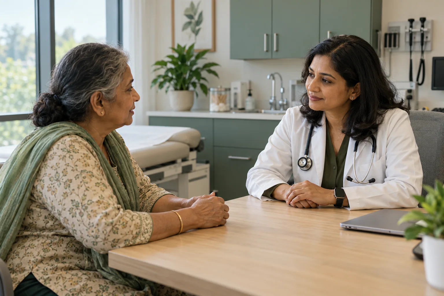 Illustrative scene of a doctor listening to a patient during a consultation
